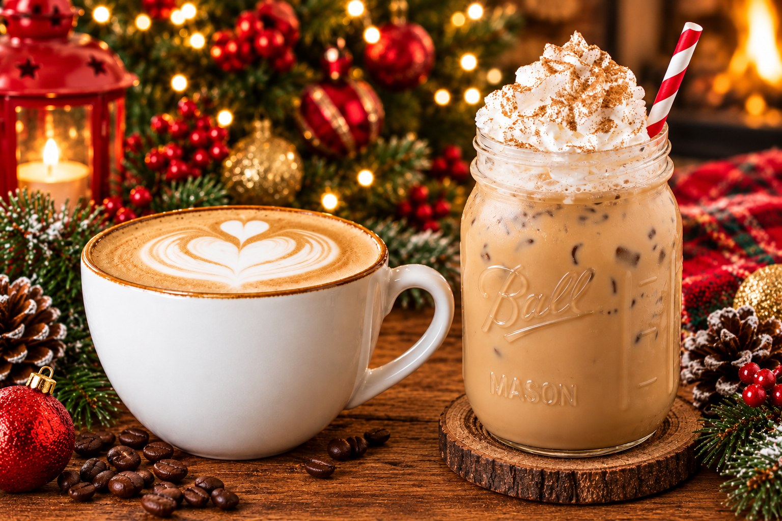 Latte and iced coffee topped with whipped cream at The Christmas Sweet