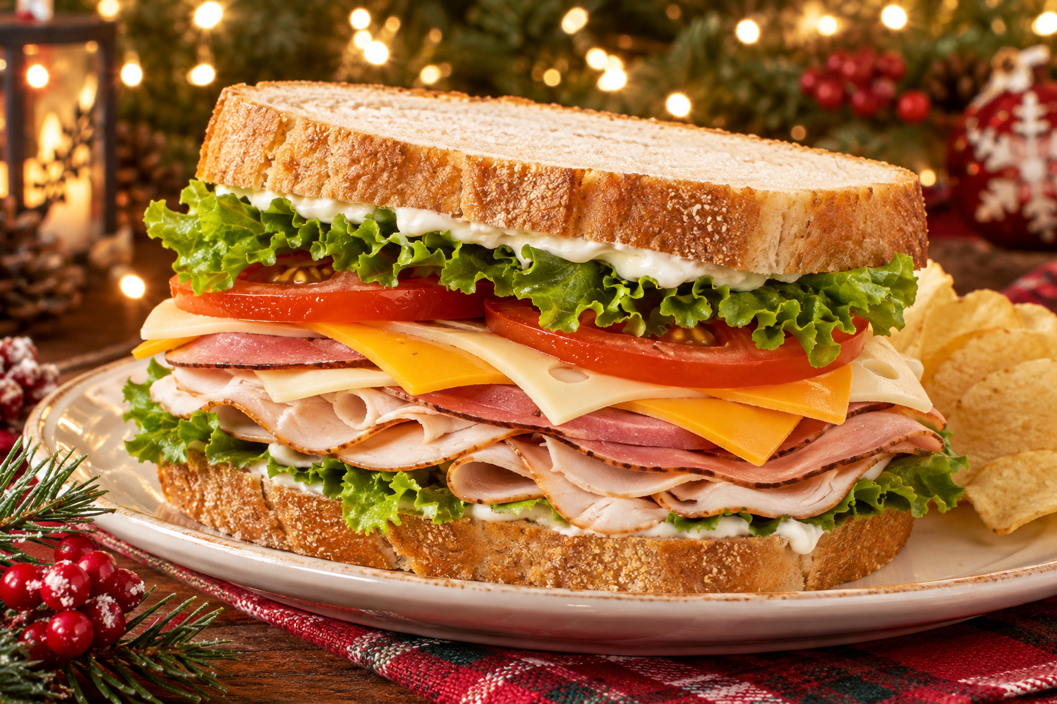 Fat Santa Sandwich with deli meat, cheese, lettuce and tomato