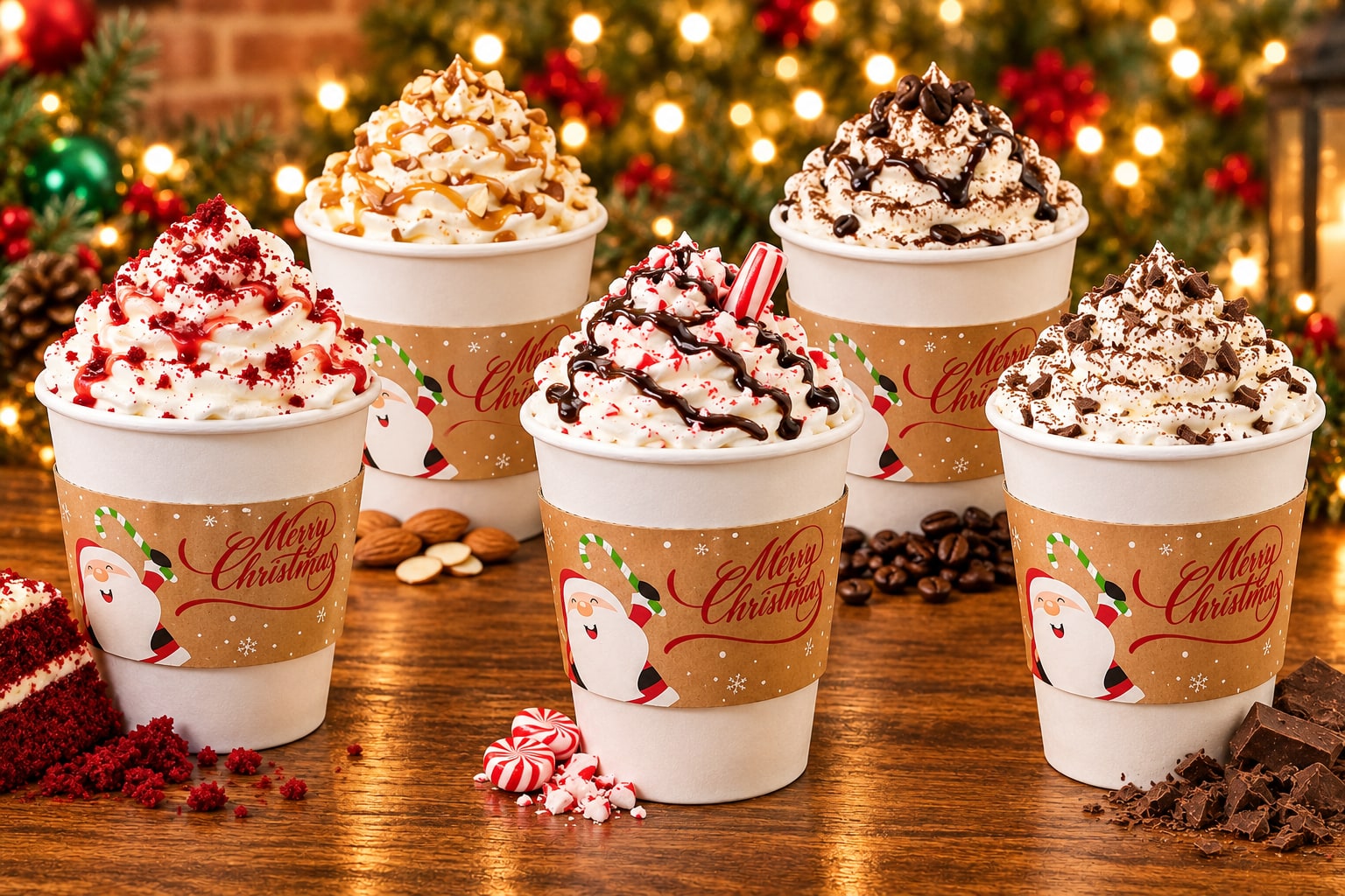 A festive collection of five whipped-cream-topped hot cocoa drinks