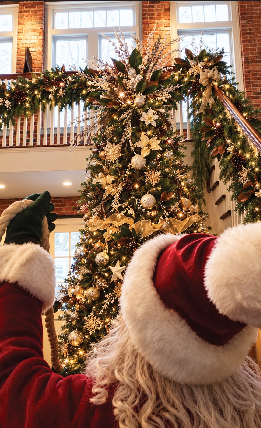 Santa beside the decorated Christmas tree and festive garlands at The Christmas Sweet