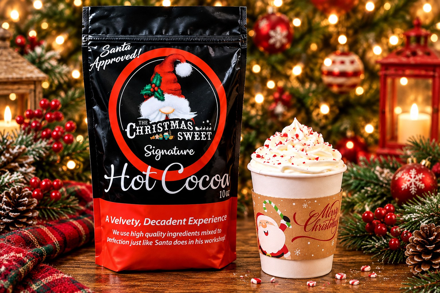 The Christmas Sweet Signature Hot Cocoa mix beside a peppermint-topped cup of hot cocoa
