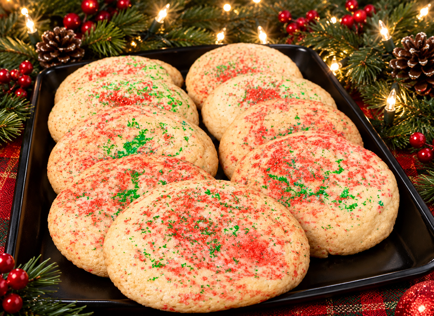Red and green sprinkled sugar cookies on a tray