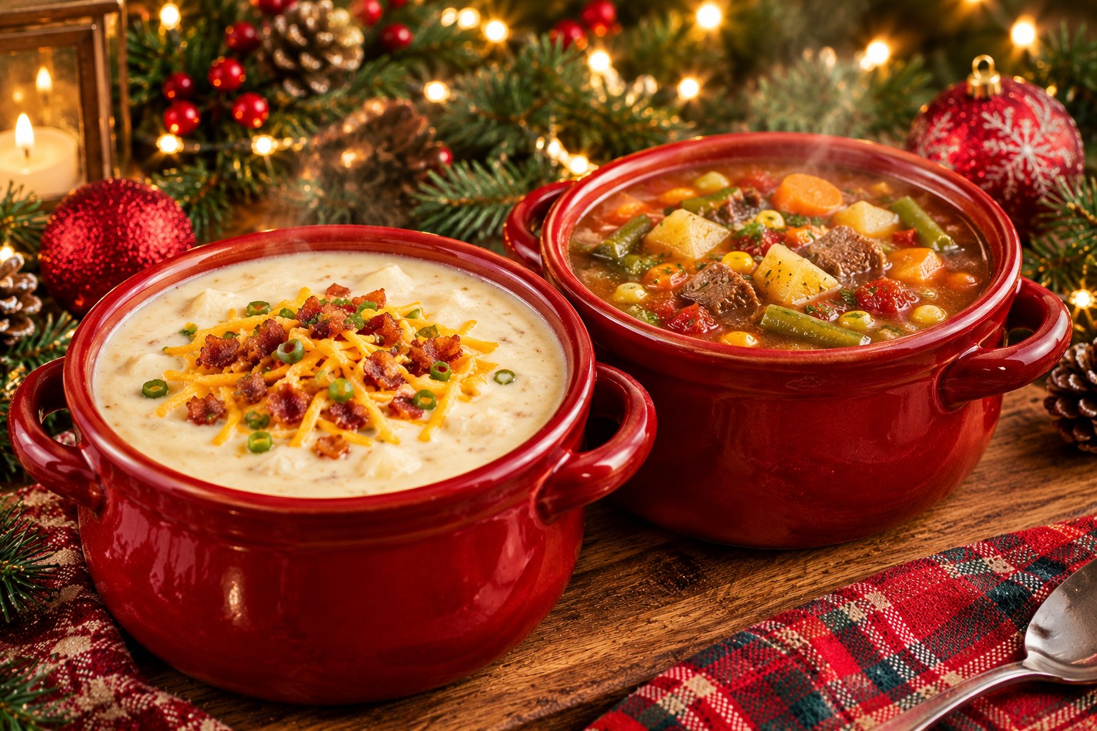 Hearty baked potato soup and vegetable beef soup in red crocks