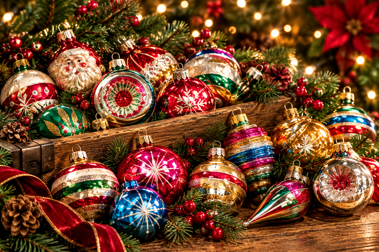 Vintage Christmas ornaments arranged with evergreen branches