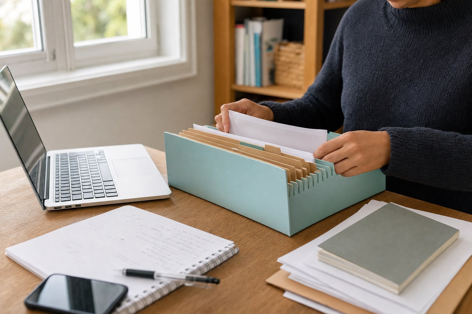 Adult organizing important papers and digital files beside a laptop