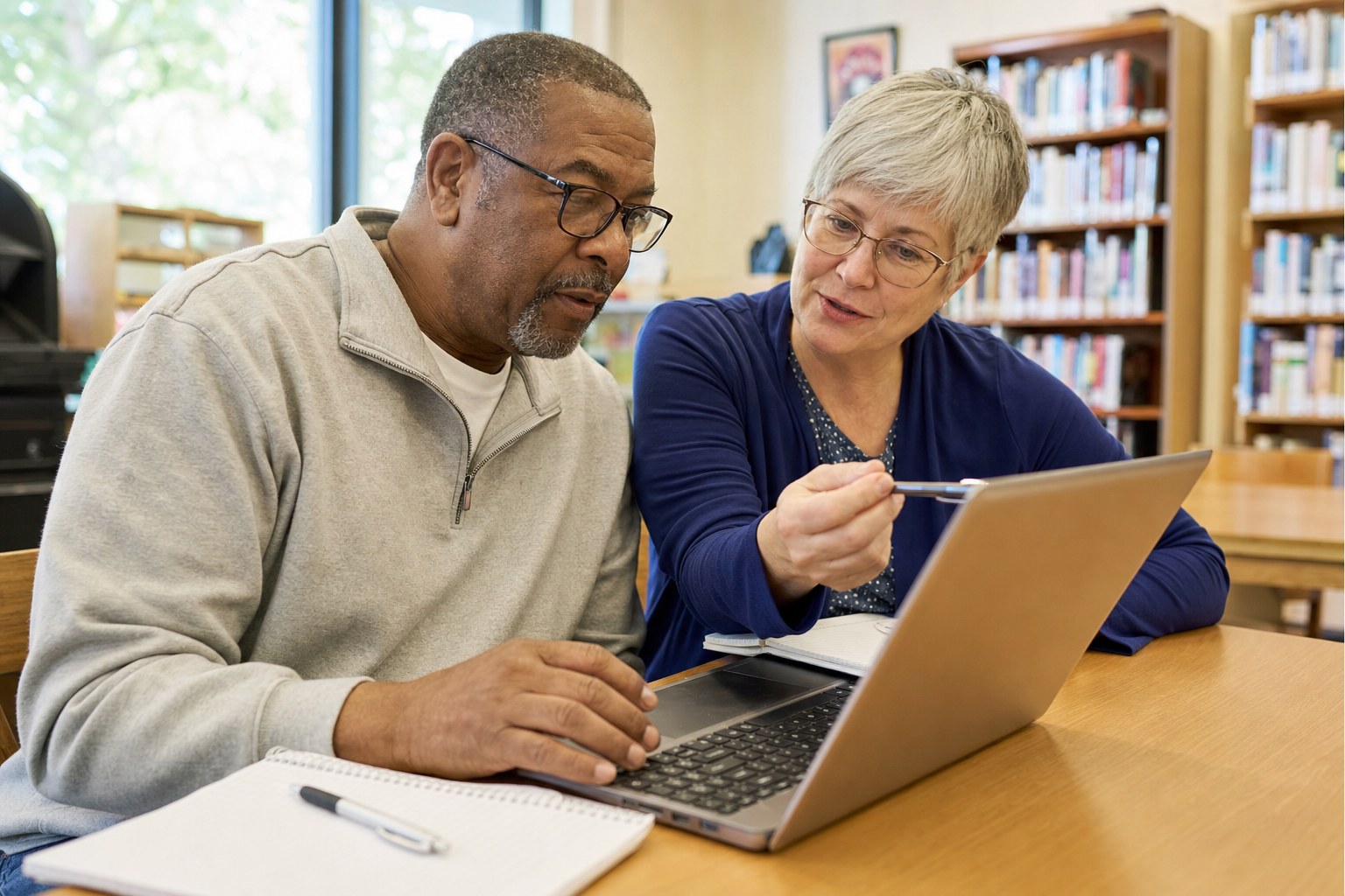 Community instructor helping an adult learner practice a computer task