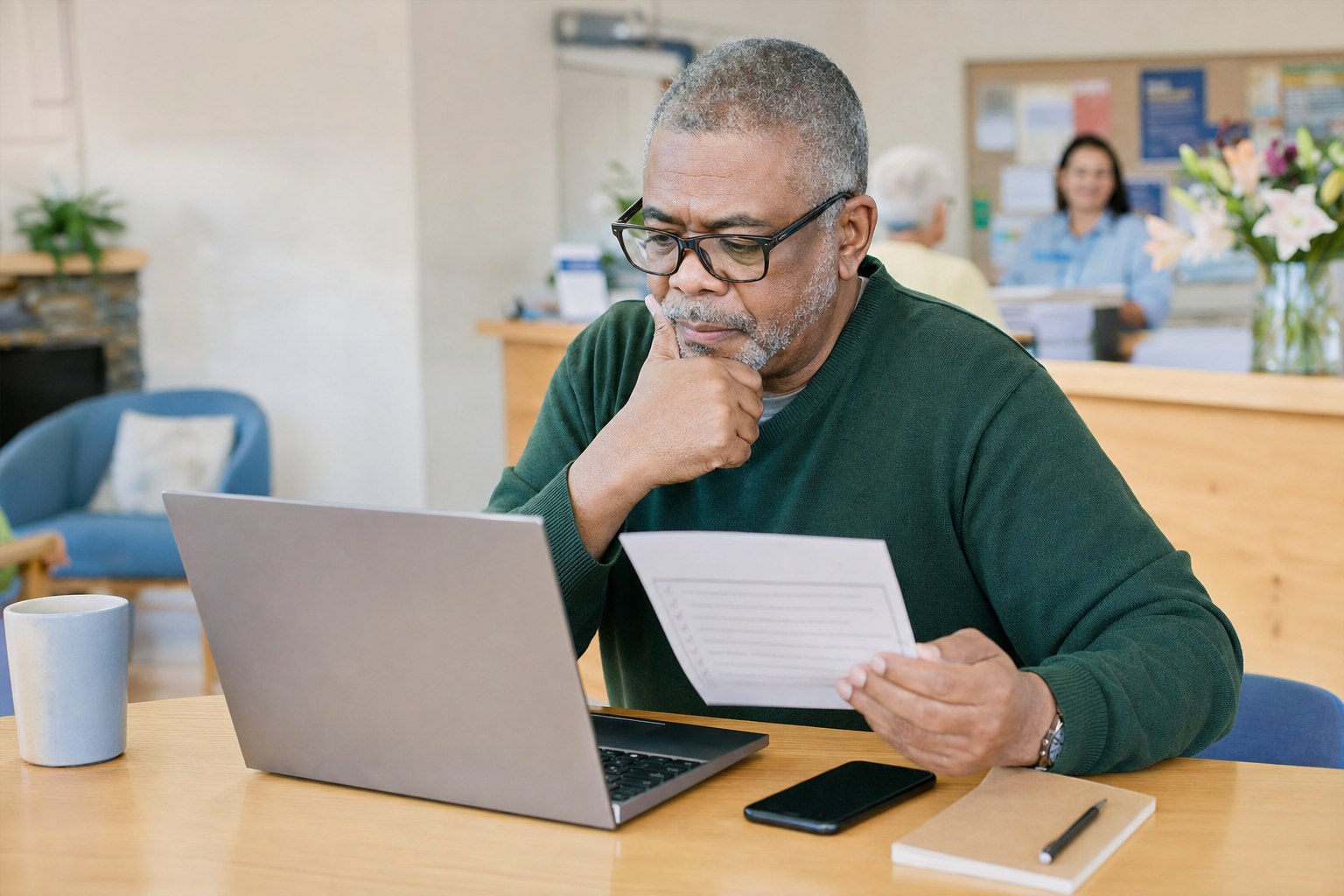 Adult learner carefully checking a message before responding online