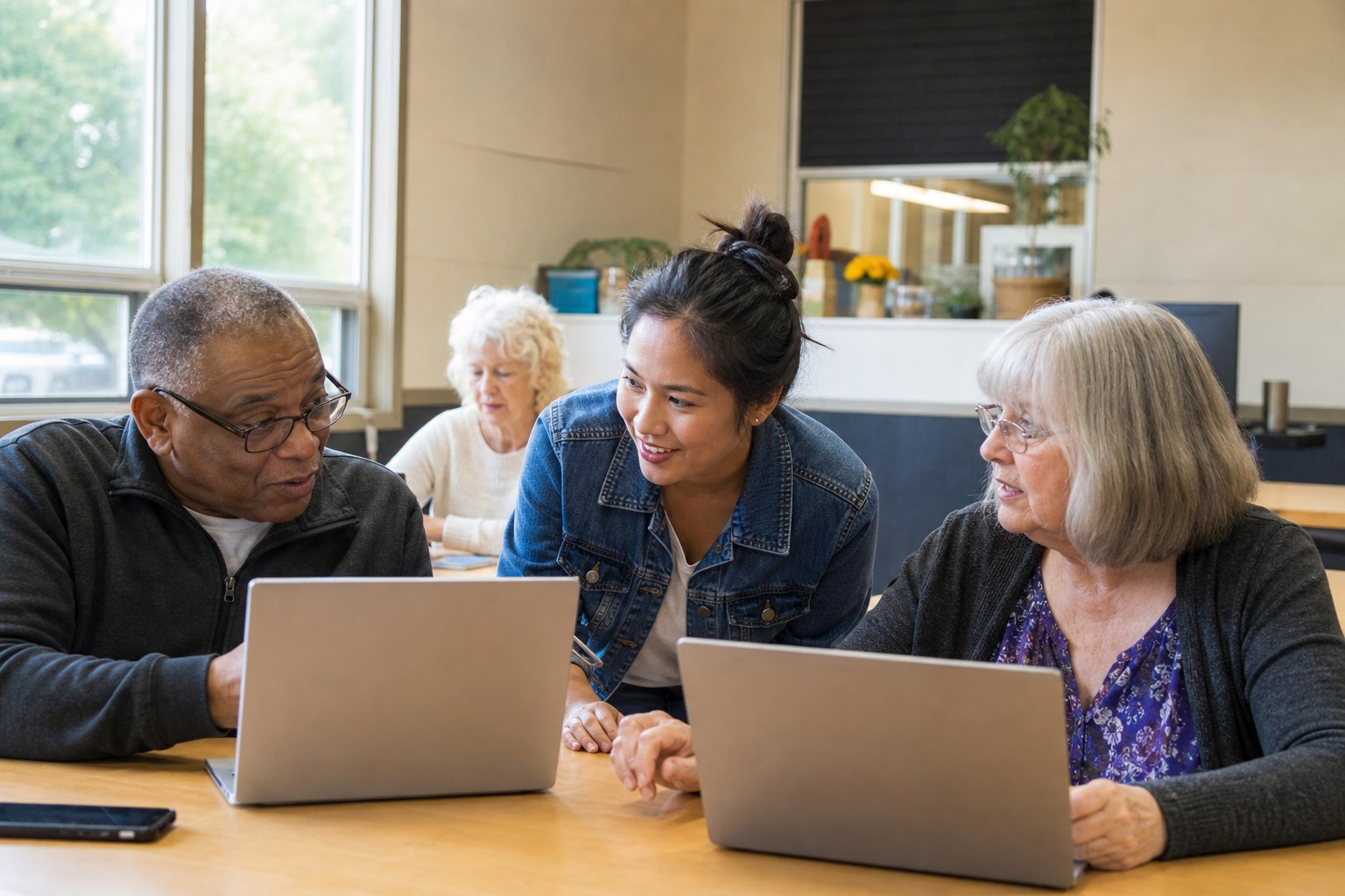 Community members learning computer skills together