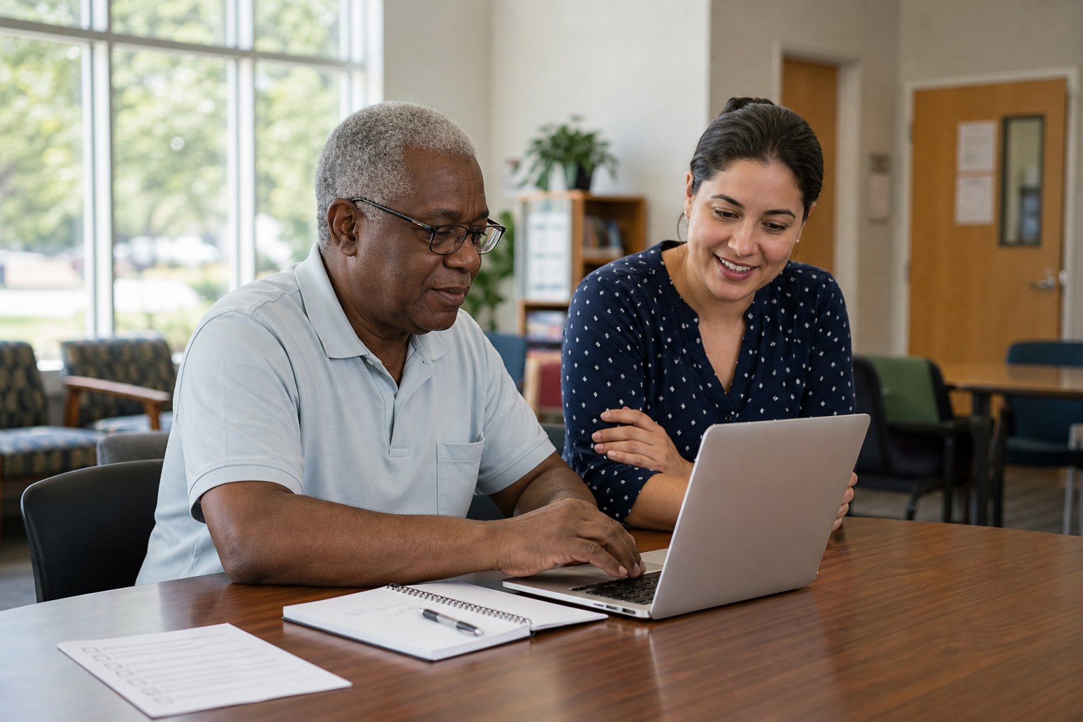 Adult learner using a laptop with support from a community educator