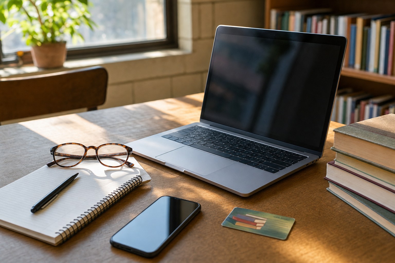 Laptop, smartphone, notebook, and library card on a community learning table
