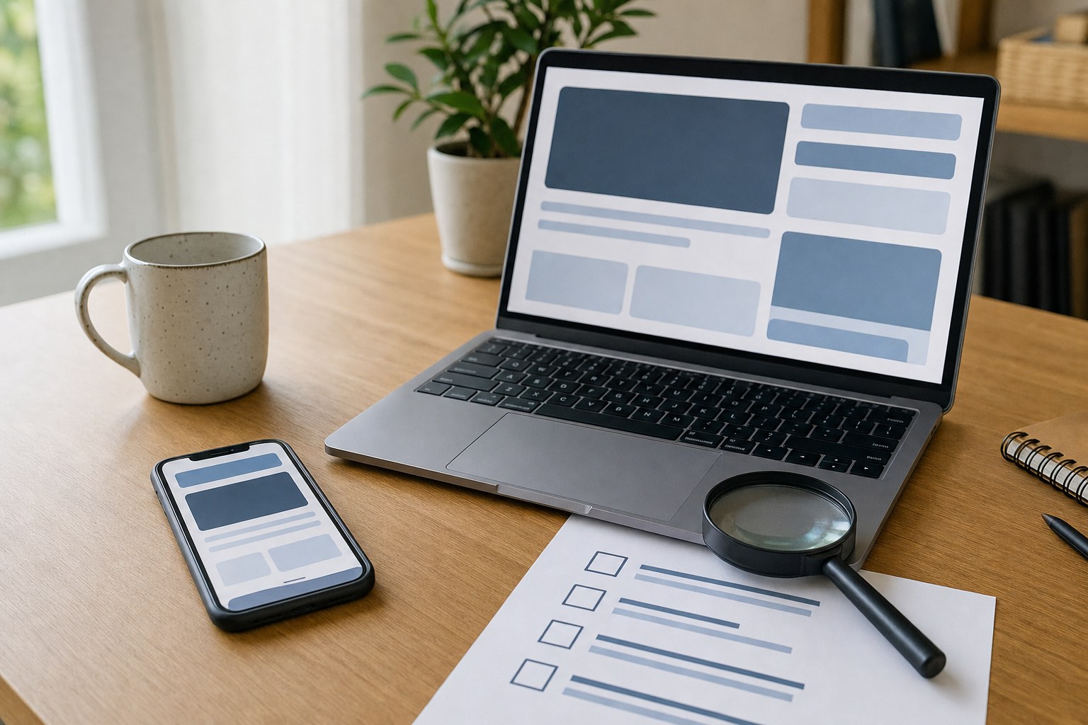Laptop, smartphone, magnifying glass, and checklist arranged for careful online research