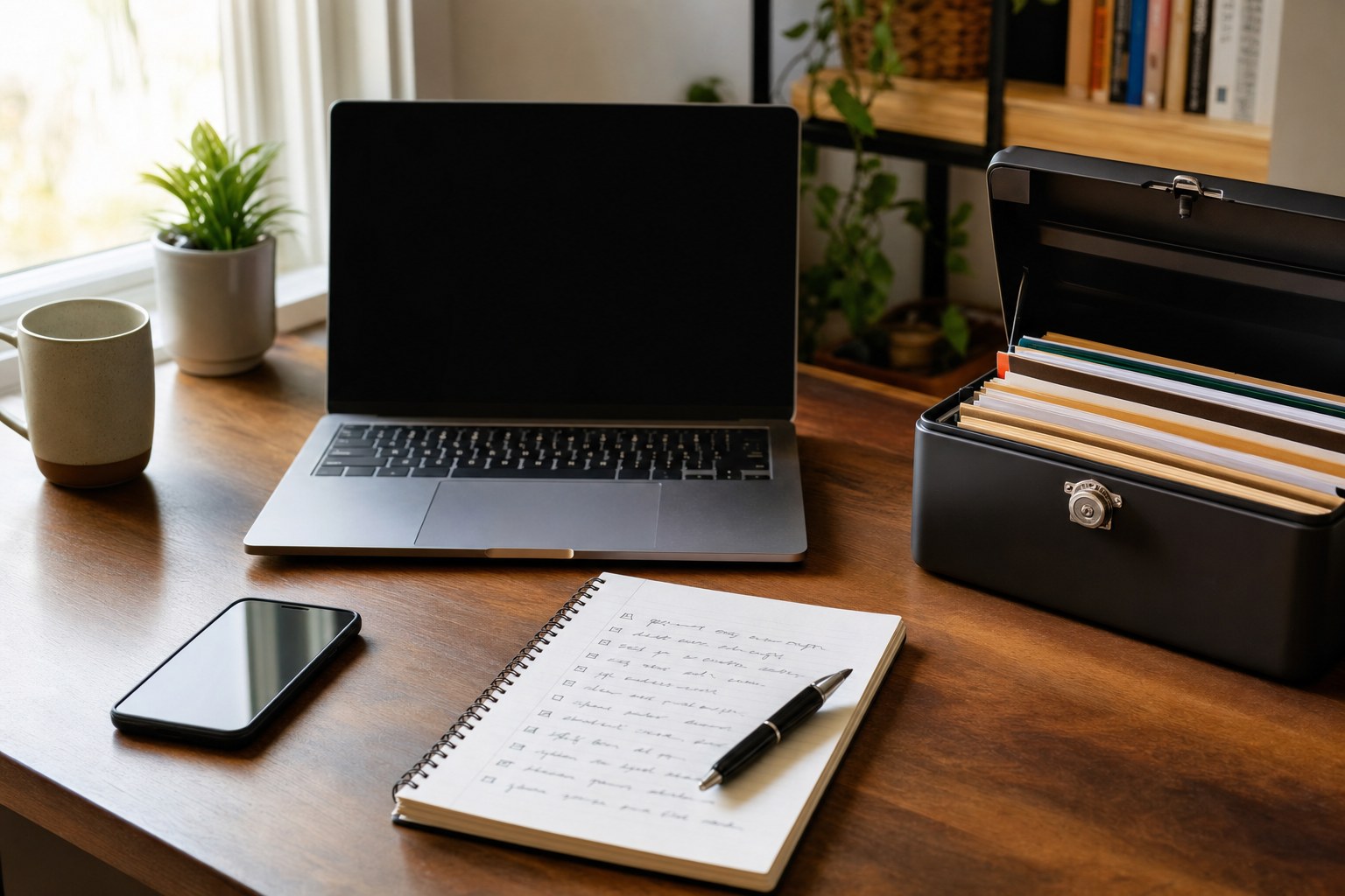 Laptop, phone, secure document box, and personal safety checklist on a desk