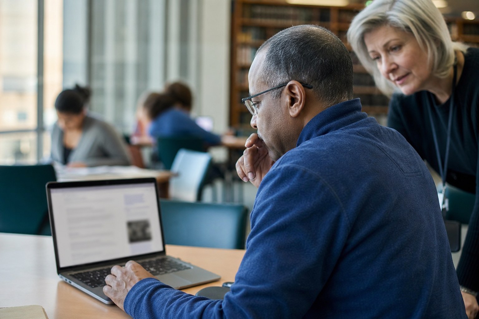 Adult learner reviewing online information with support in a community learning space