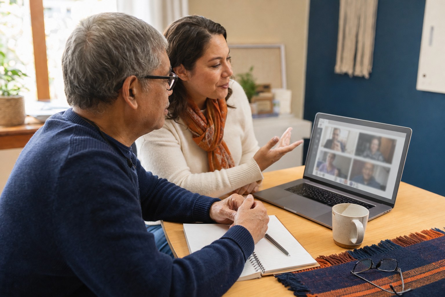 Adult learner preparing to join a video meeting with support from a community educator