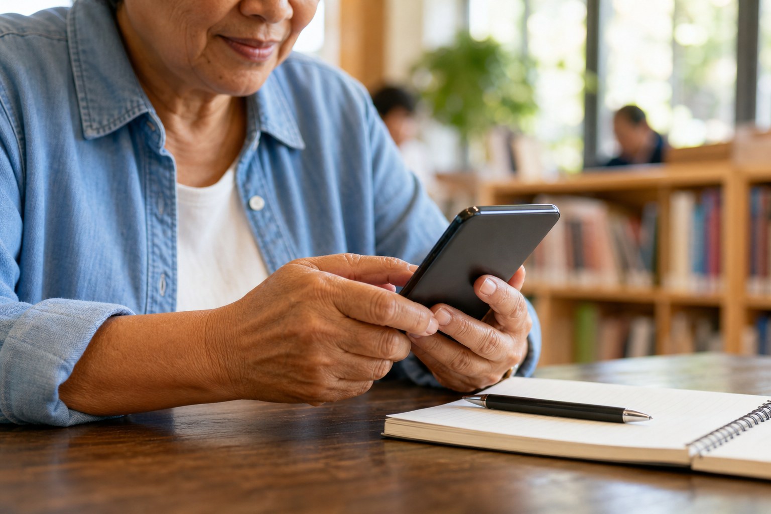 Adult learner using a smartphone at a community learning table