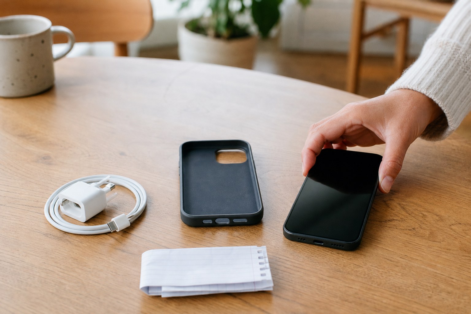 Smartphone, protective case, charging cable, and emergency contact note on a table