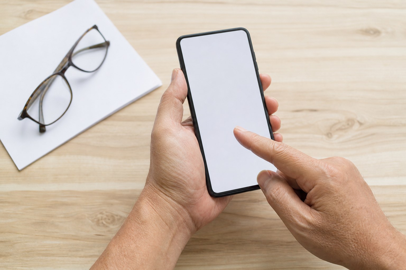 Hands practicing a tap on a smartphone at a table