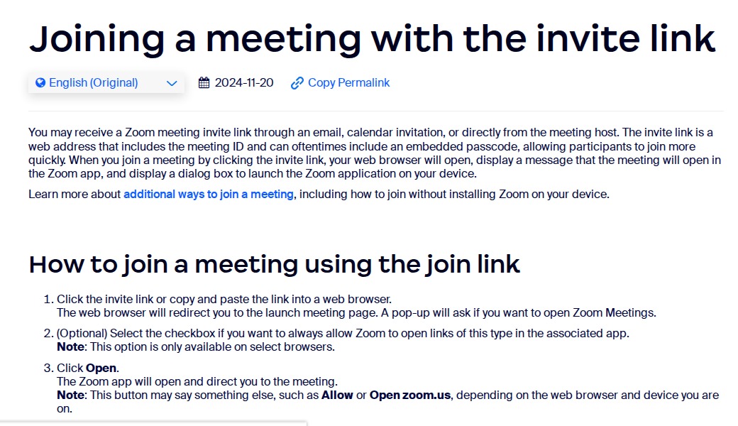 Zoom Support article showing how to join a meeting using an invitation link