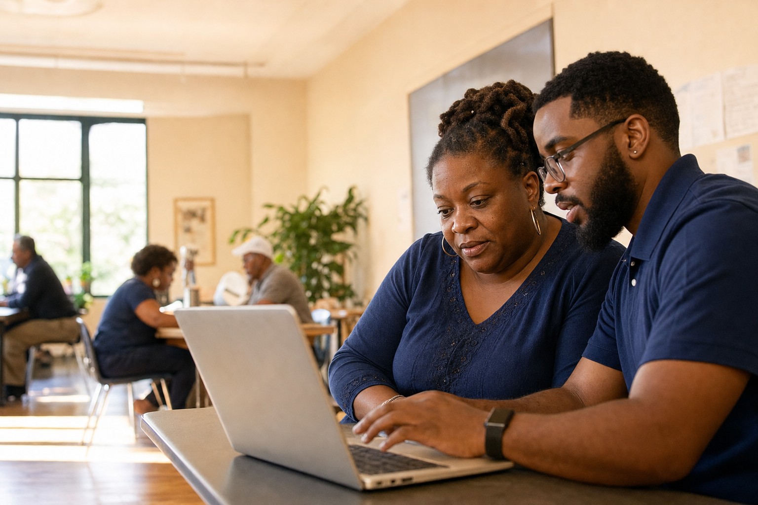 A community leader and technology mentor working together at a laptop