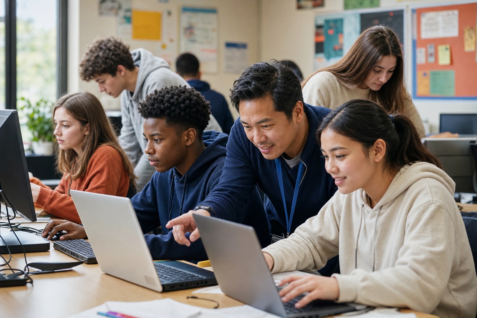 Students and a mentor learning together in a computer workshop