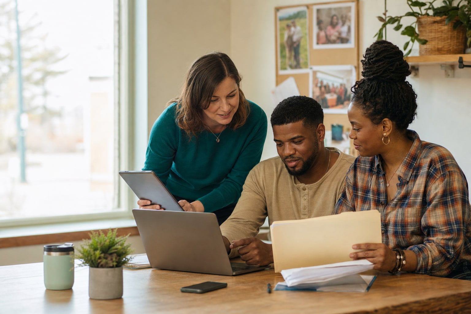 Nonprofit team organizing shared project files together