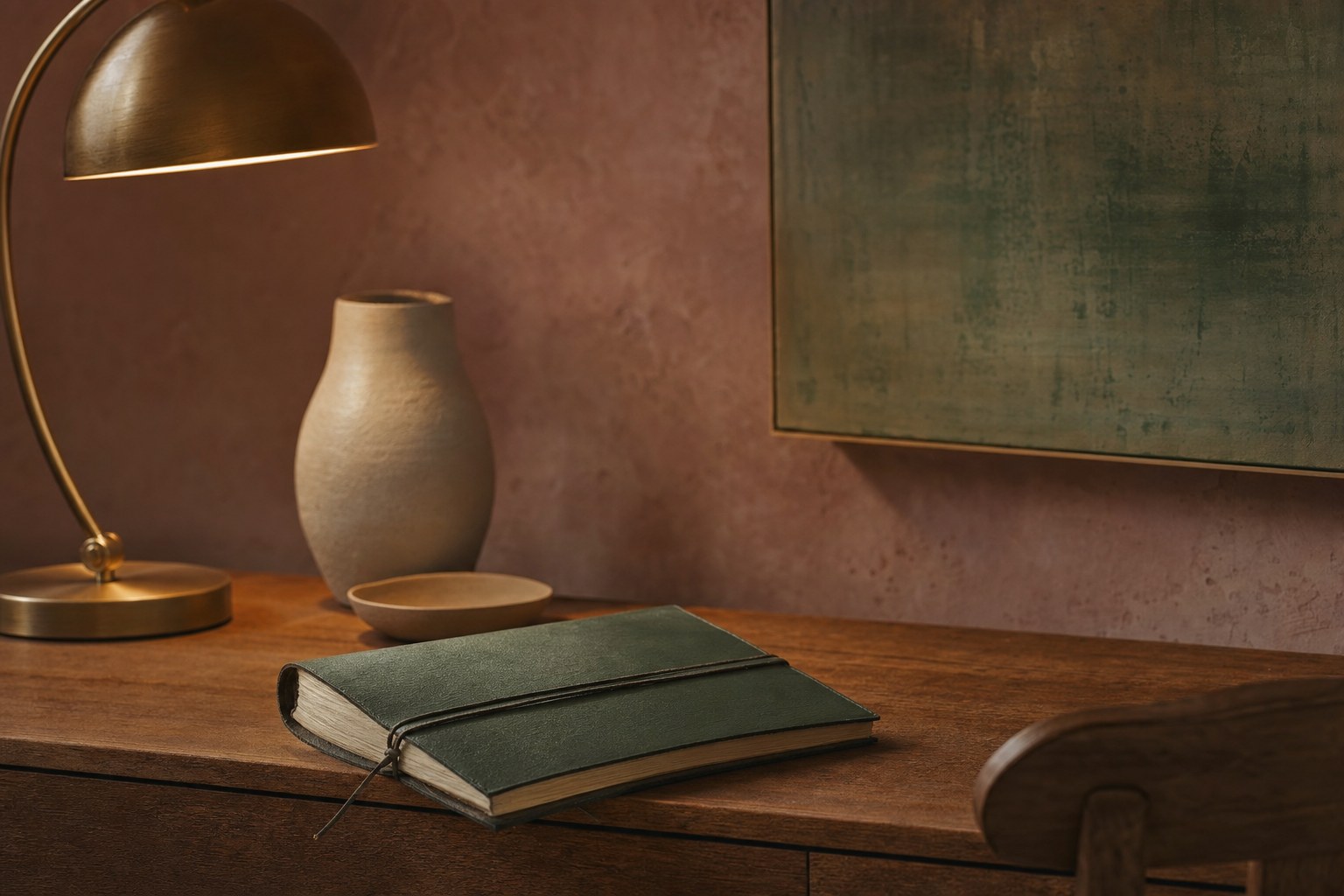 A journal and warm desk lamp in a calm, private setting