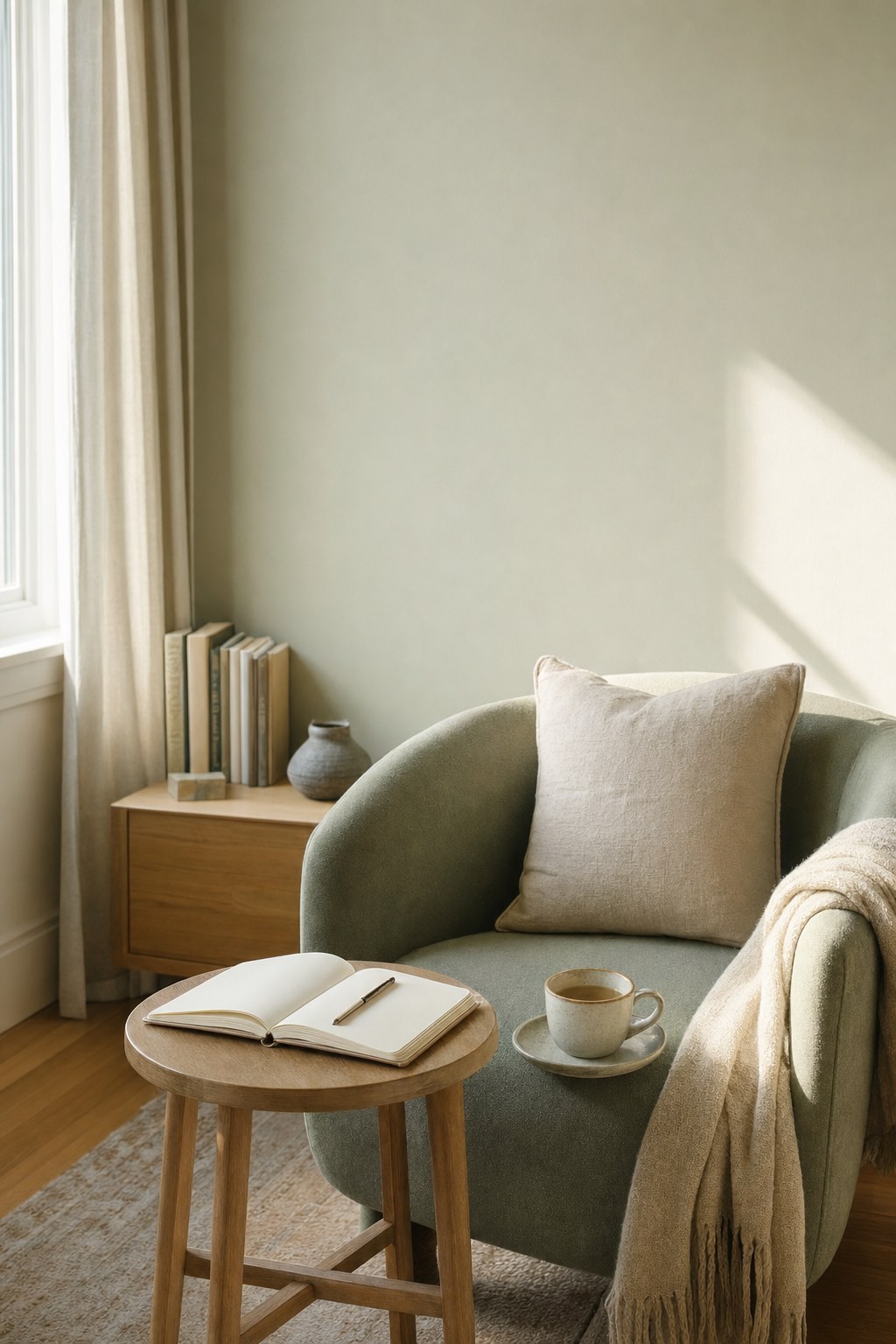 A quiet sunlit reading corner with a chair, notebook, and tea