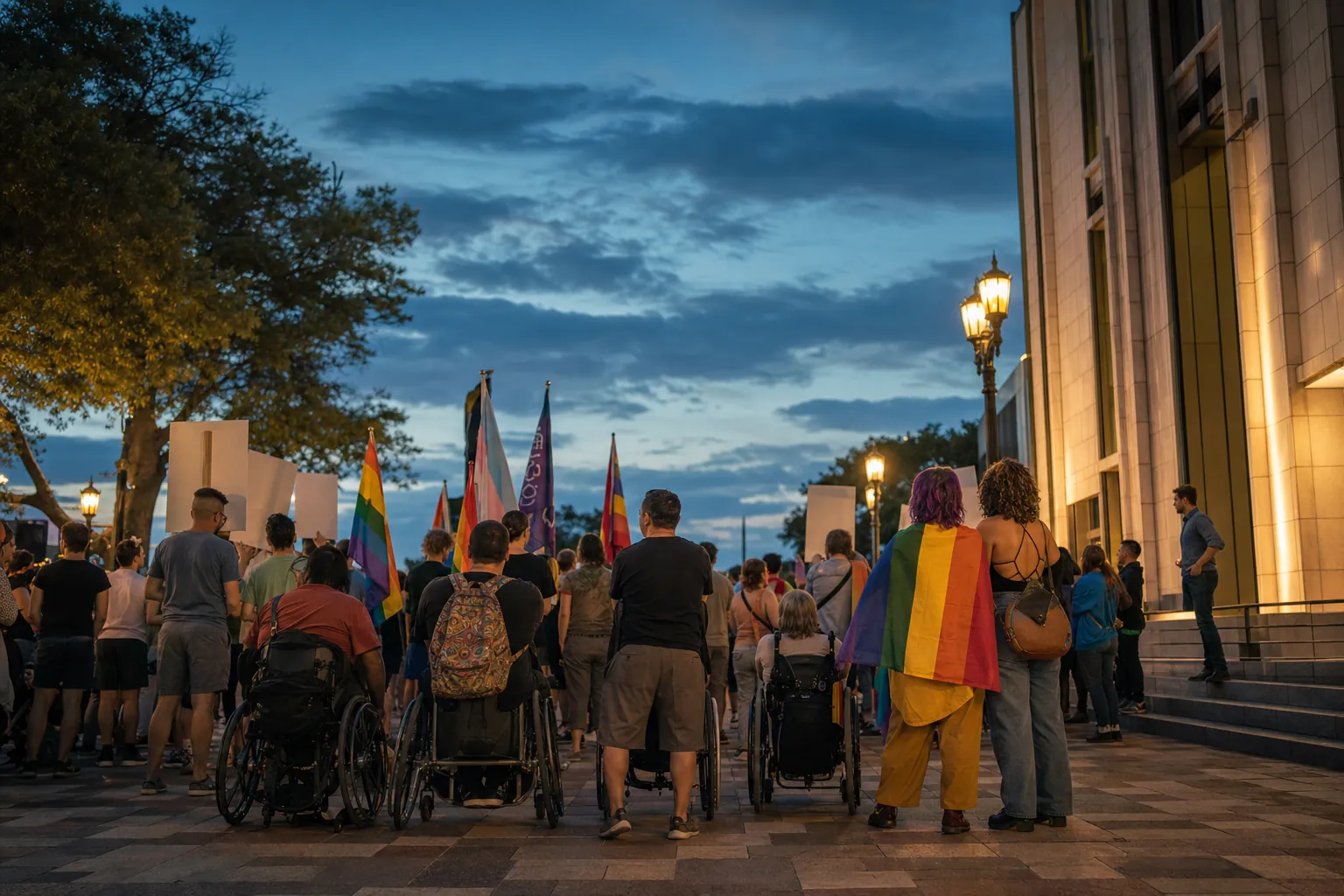 Community members gathering outside a civic building
