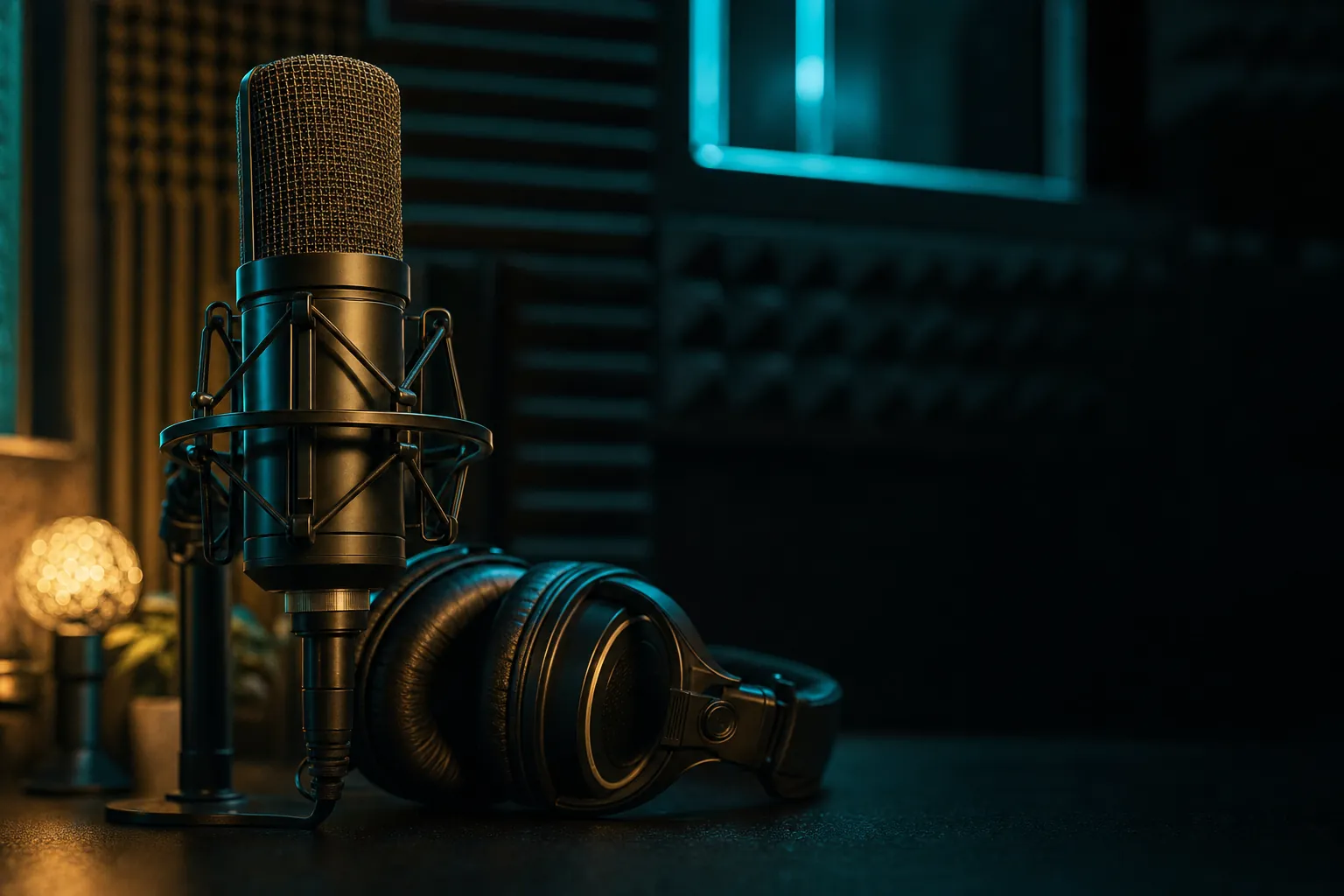 Podcast microphone and headphones in a recording studio