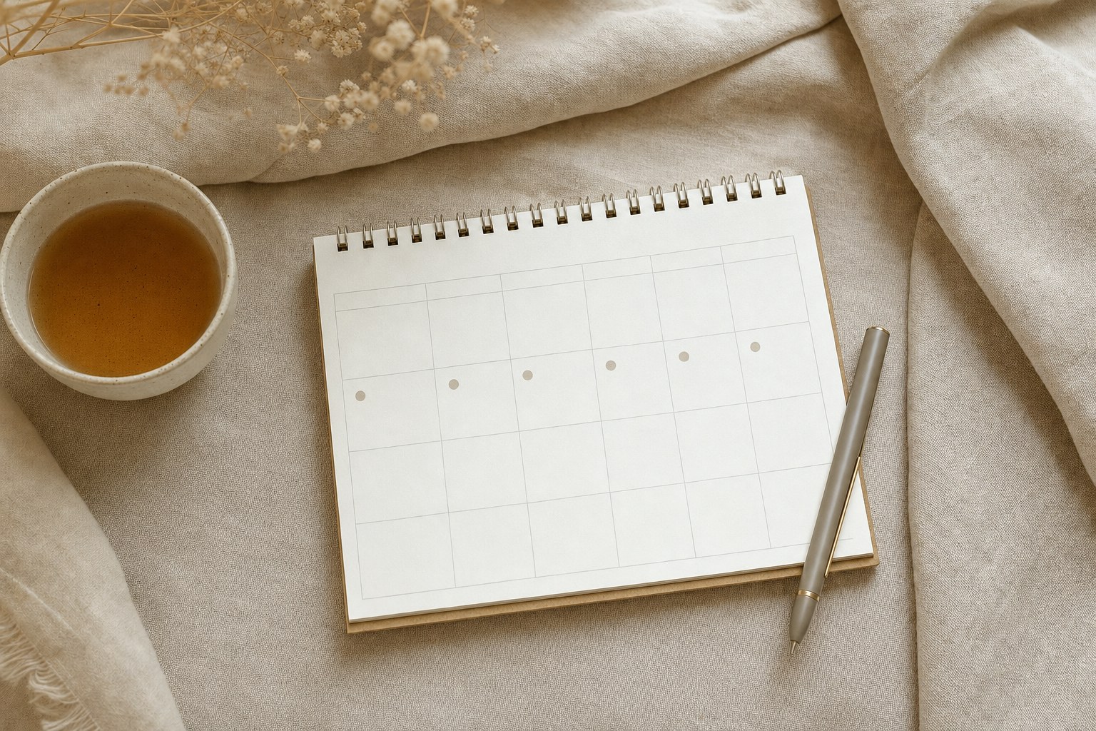 A blank calendar, a pen, and a cup of tea on a linen surface