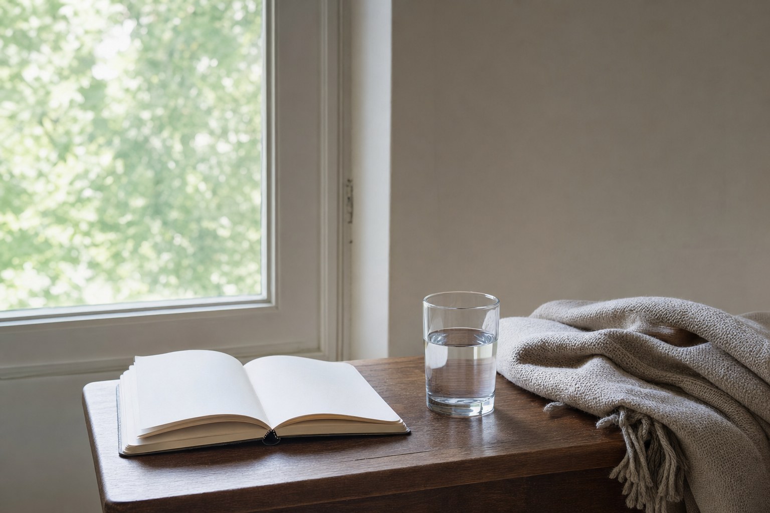 An open notebook, a glass of water, and a folded blanket beside a sunlit window