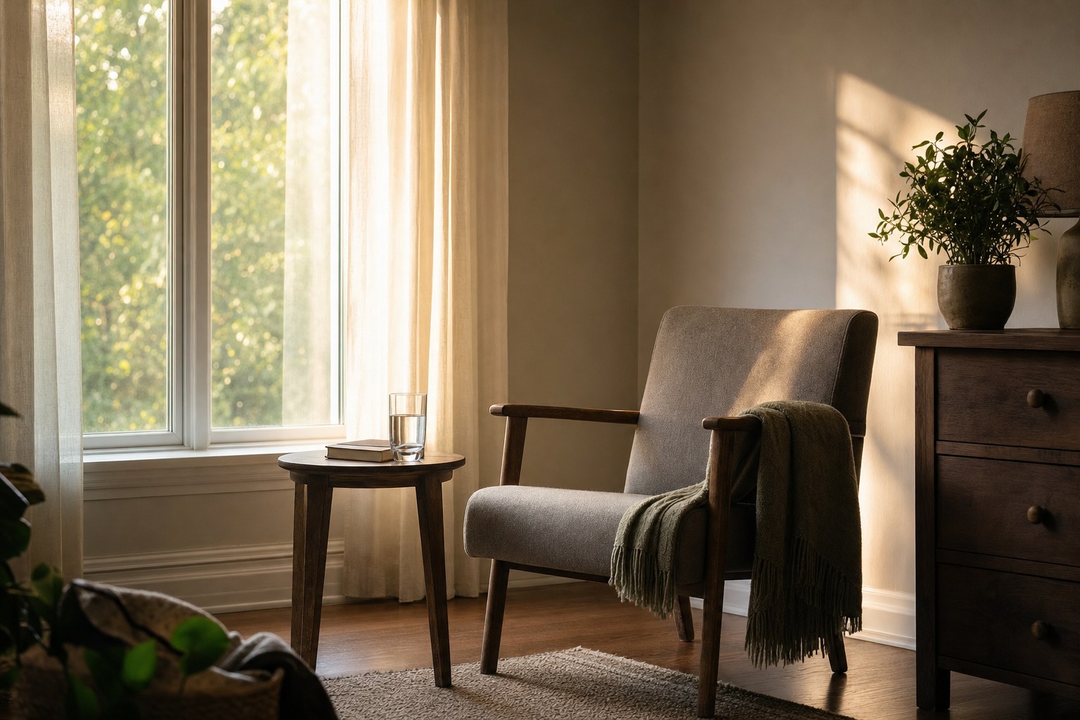 A quiet chair and small table beside a sunlit window