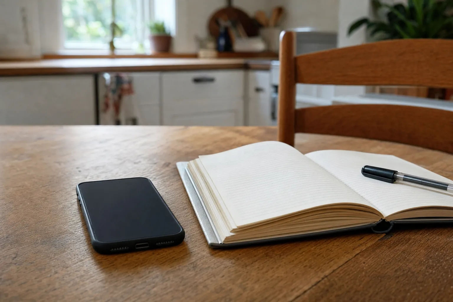 A phone, notebook, and pen on a wooden table