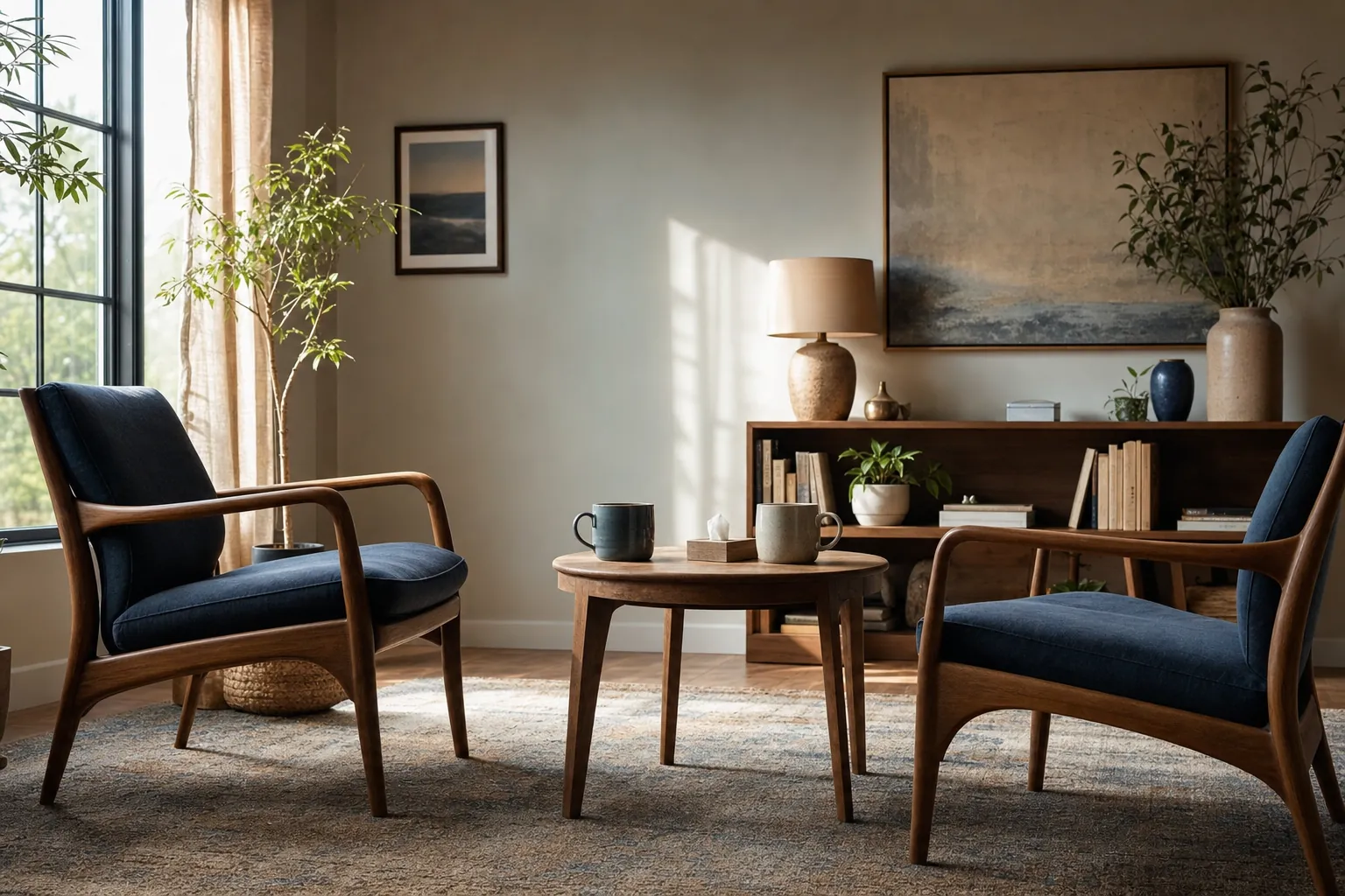 Two chairs and mugs in a calm therapy office