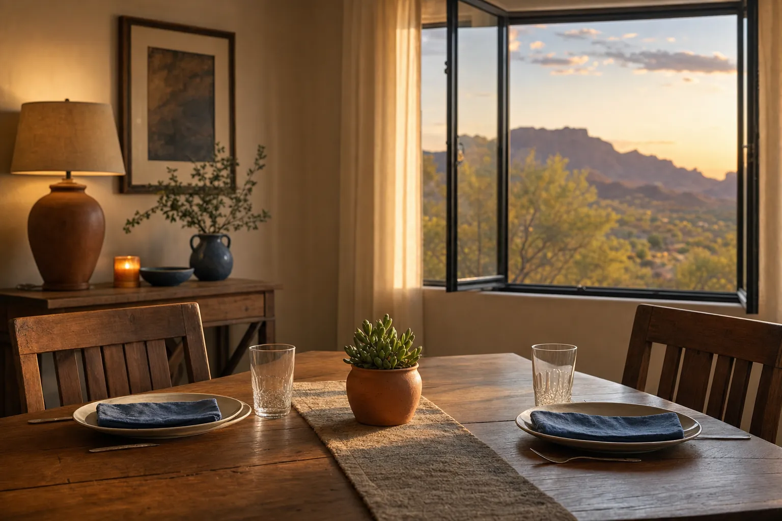A quiet dining table prepared for two with an open desert view