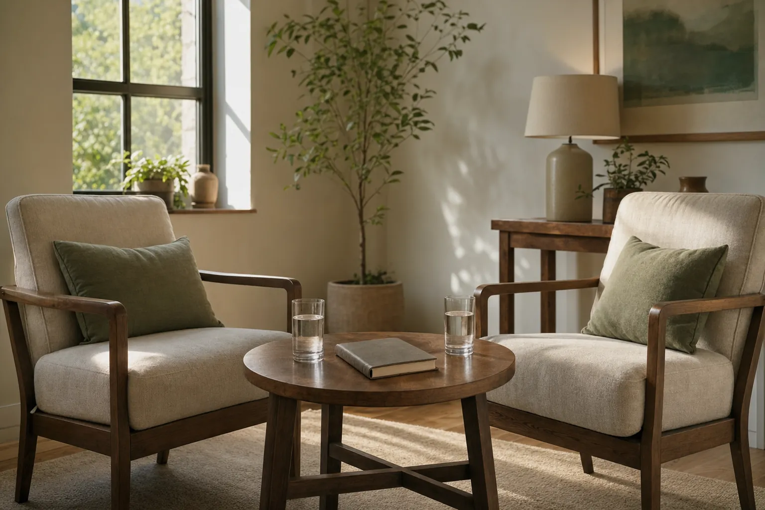 Two empty armchairs facing one another with glasses of water and a notebook on a small table