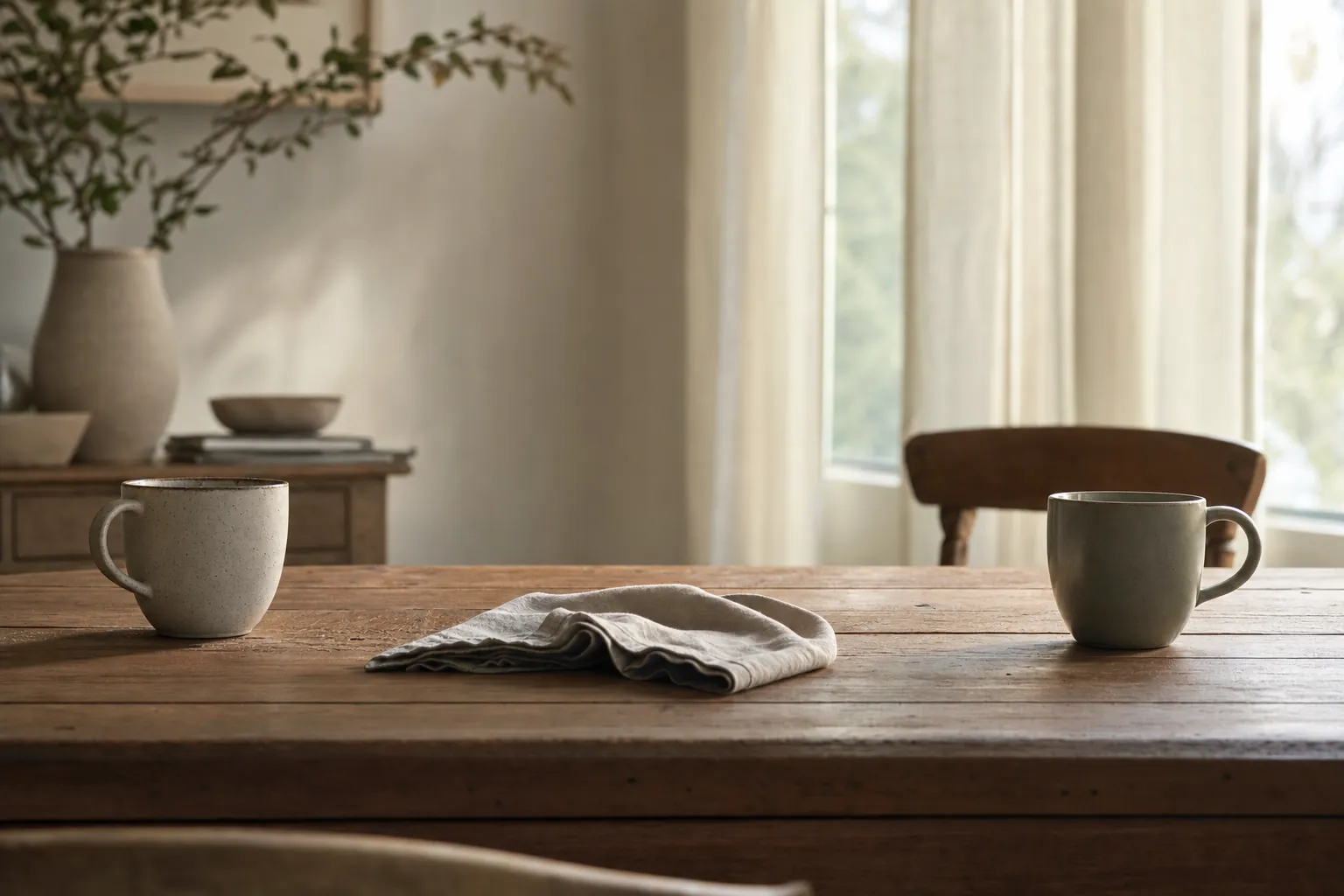 Two ceramic mugs resting far apart on a wooden table in a sunlit room
