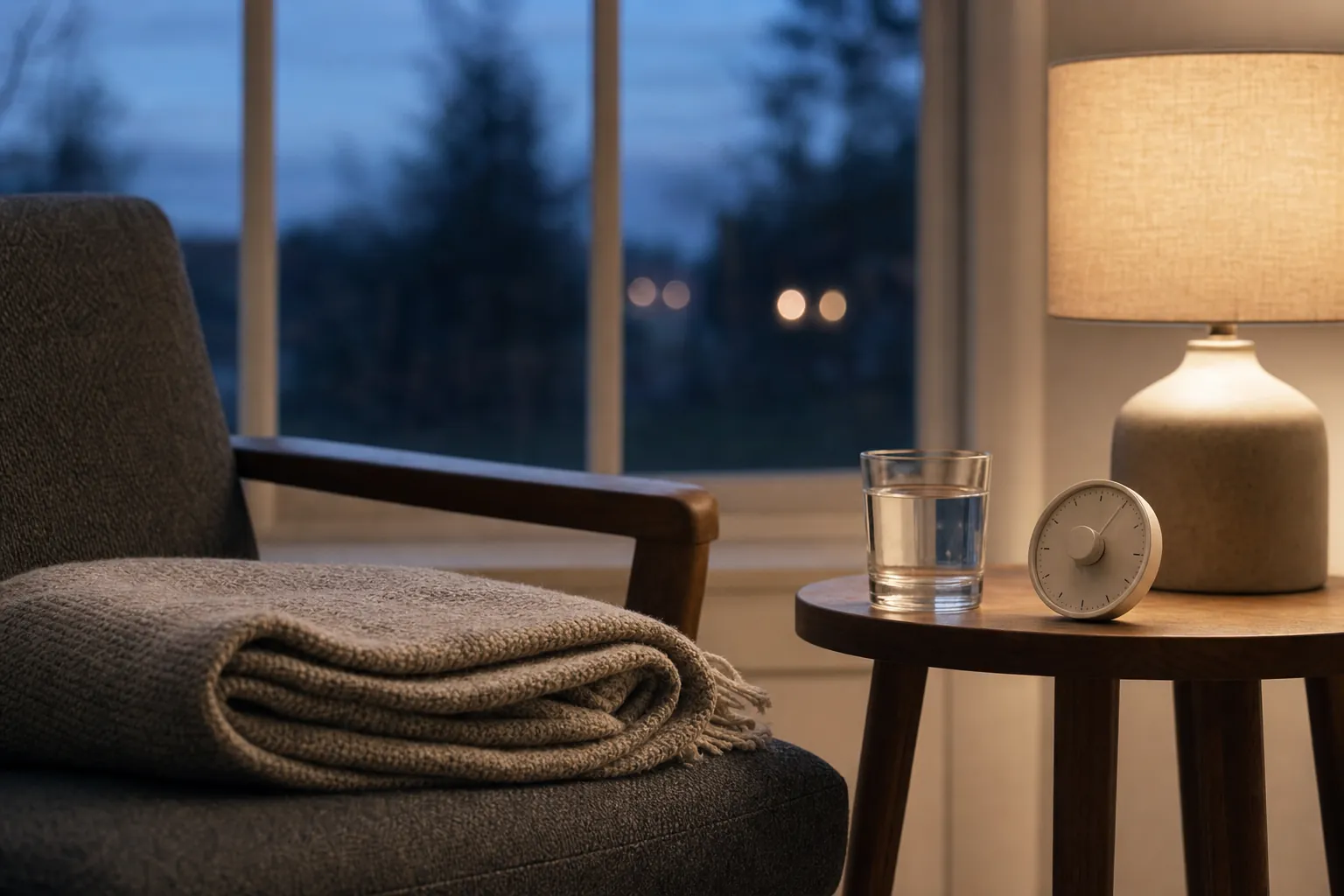 A calm chair beside a small table holding a glass of water and a timer at dusk