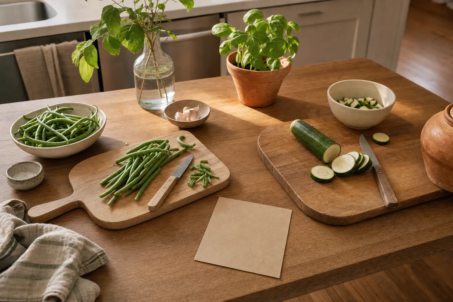 Two cutting boards with vegetables prepared side by side on a warm kitchen table