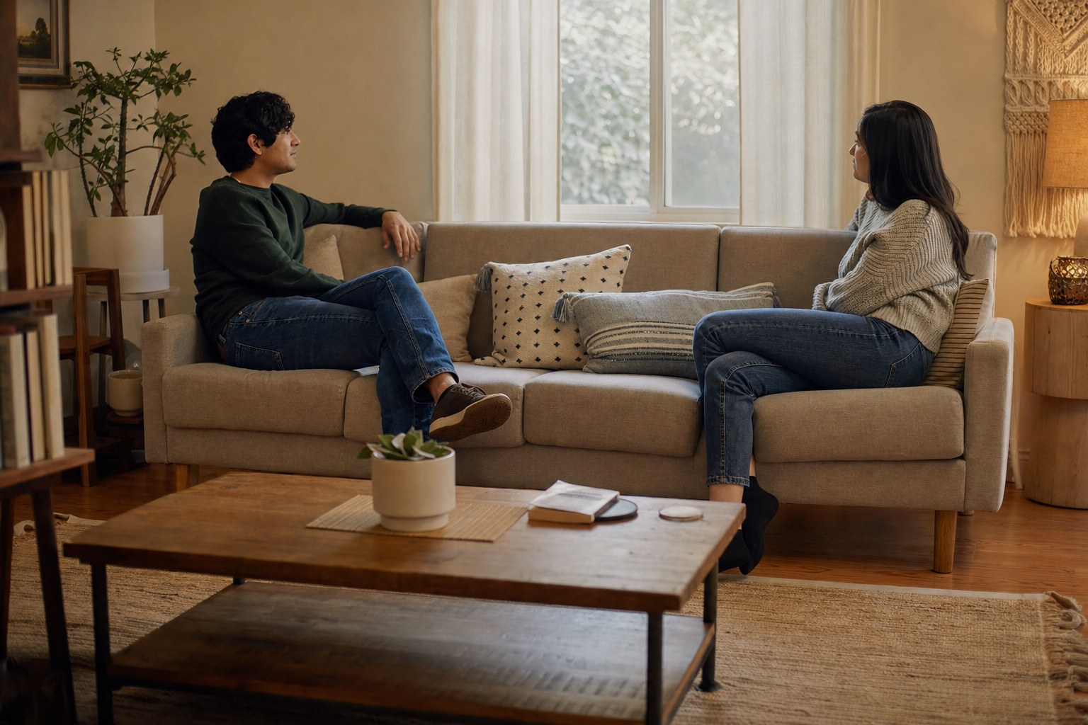 Two people having a calm, thoughtful conversation on a sofa