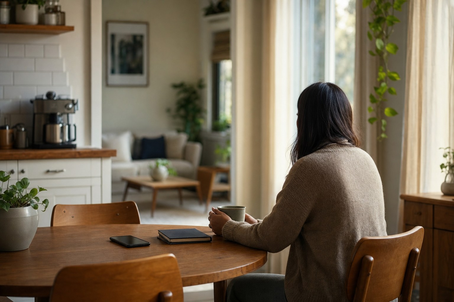 A person sitting thoughtfully at a kitchen table with a phone and notebook