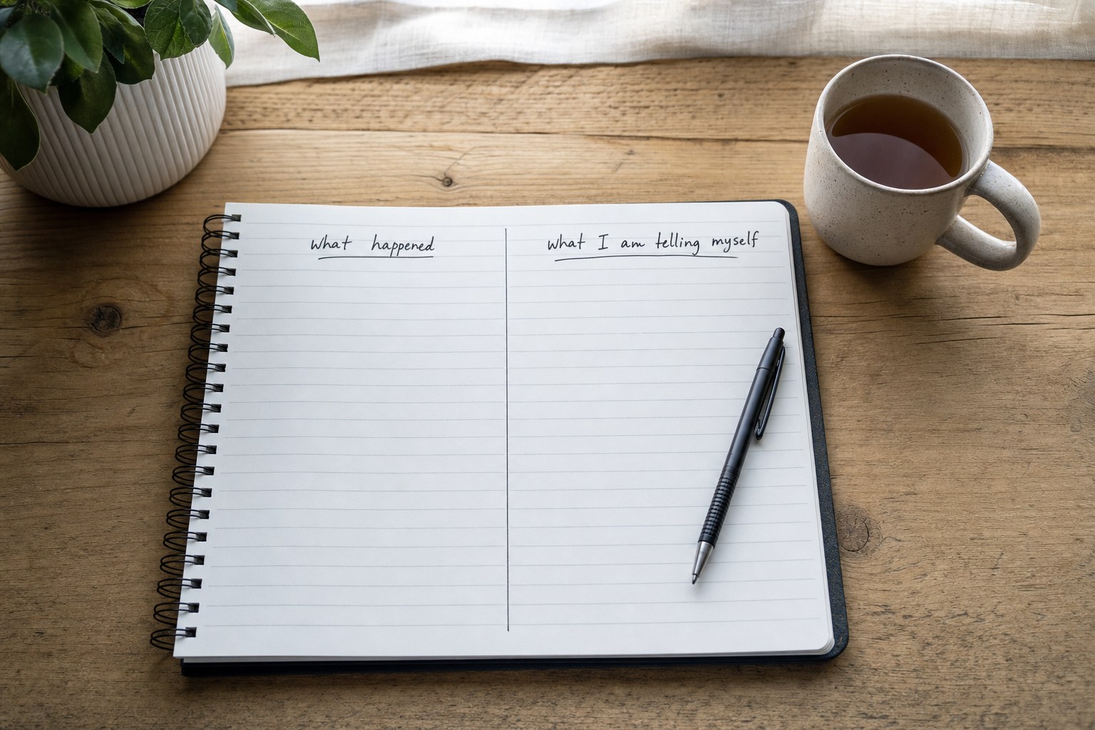 A notebook divided into what happened and what I am telling myself