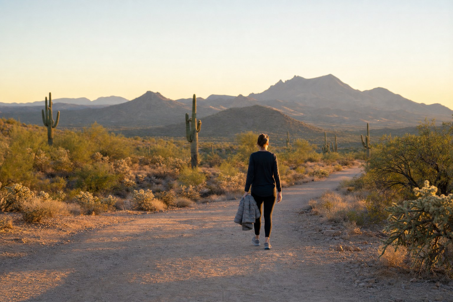A person walking along a quiet Arizona desert path in early morning light