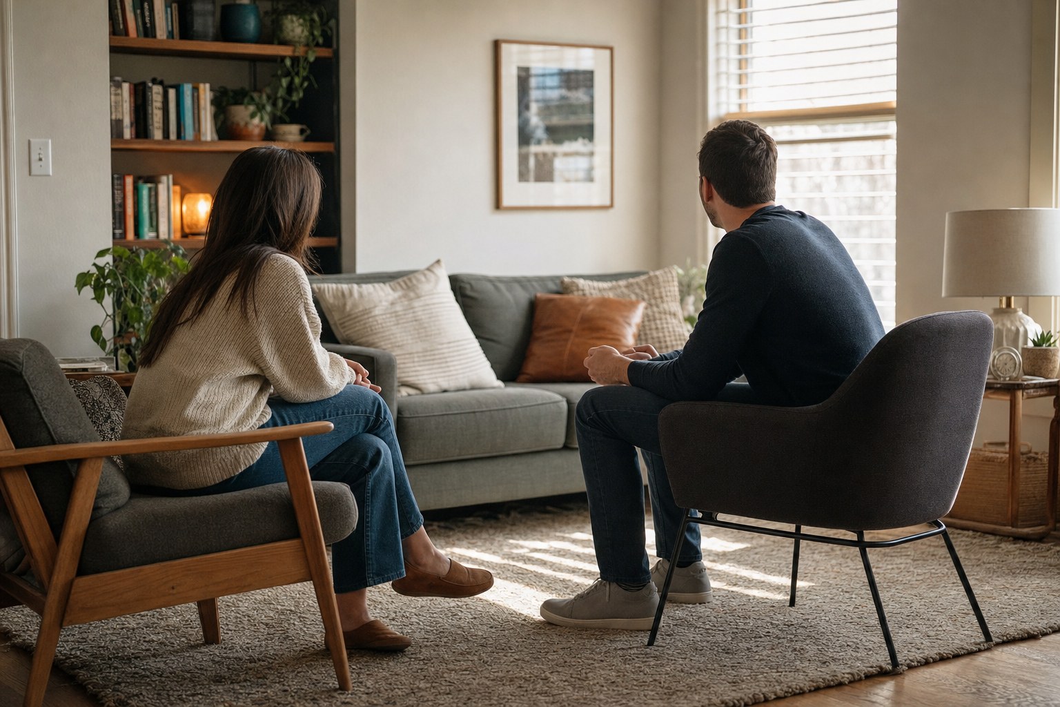 Two people sitting down for a calm, difficult conversation