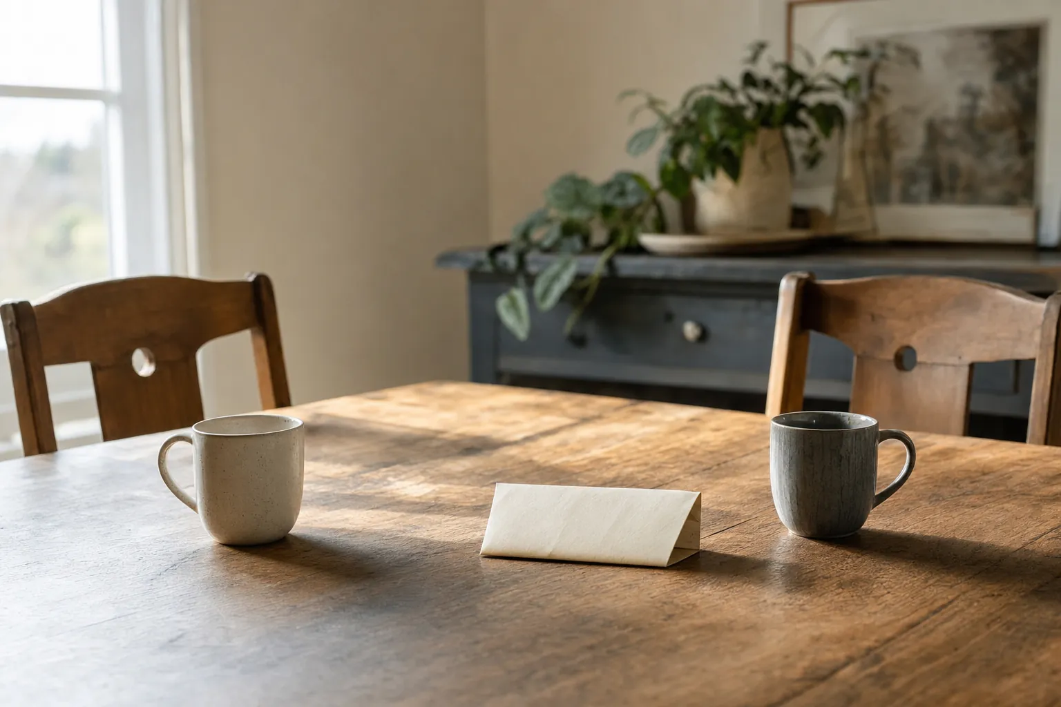 Two chairs and two mugs set out for an honest conversation