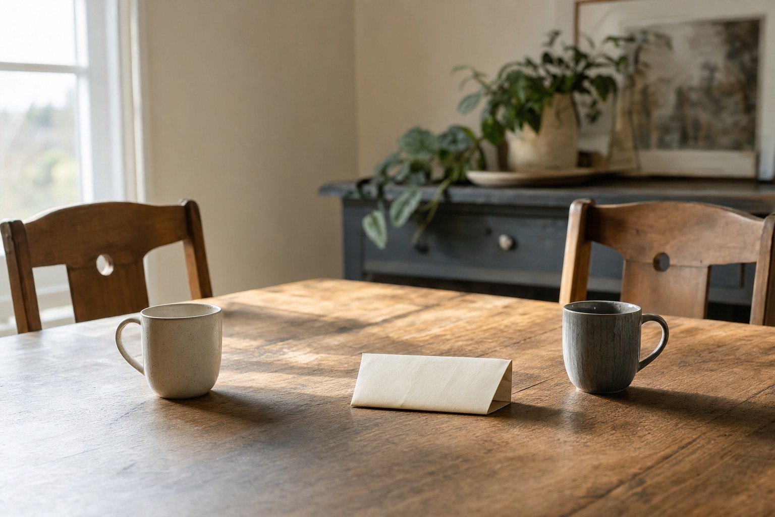 Two chairs and two mugs set out for an honest conversation
