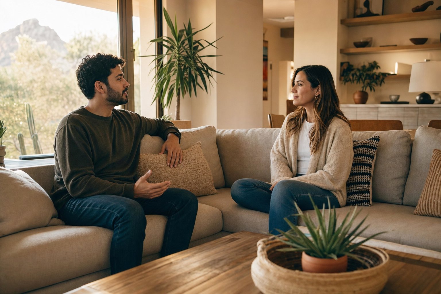Two adults having a calm conversation in a living room