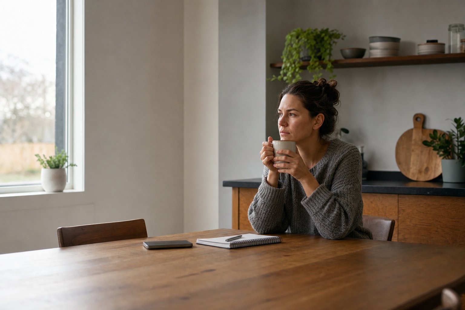 A person pausing thoughtfully at a kitchen table with a mug and notebook