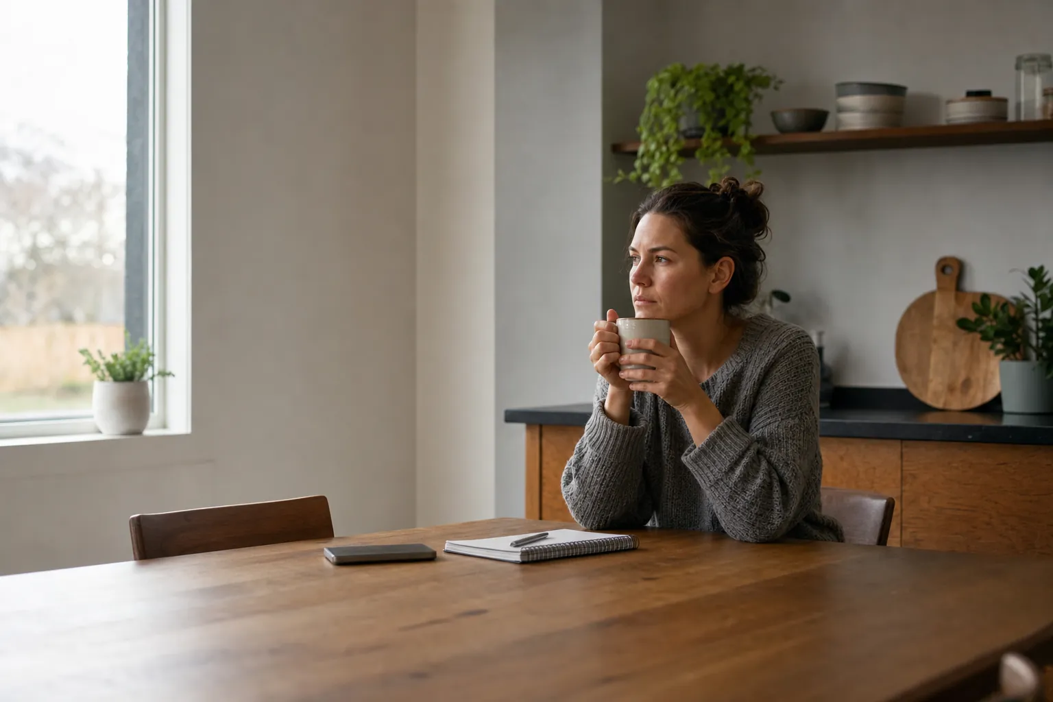 A person pausing thoughtfully at a kitchen table with a mug and notebook
