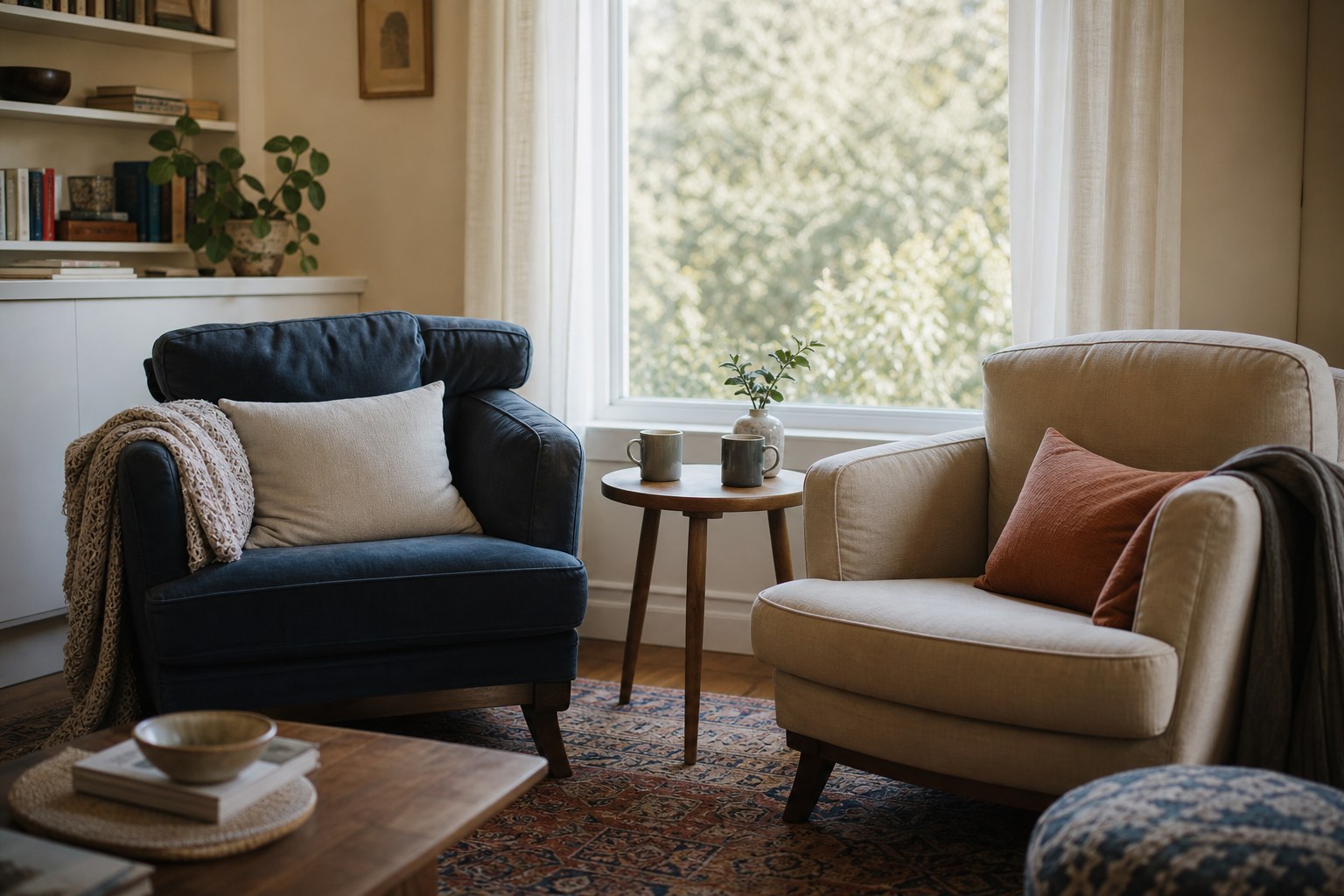 Two armchairs facing one another in a calm, sunlit room